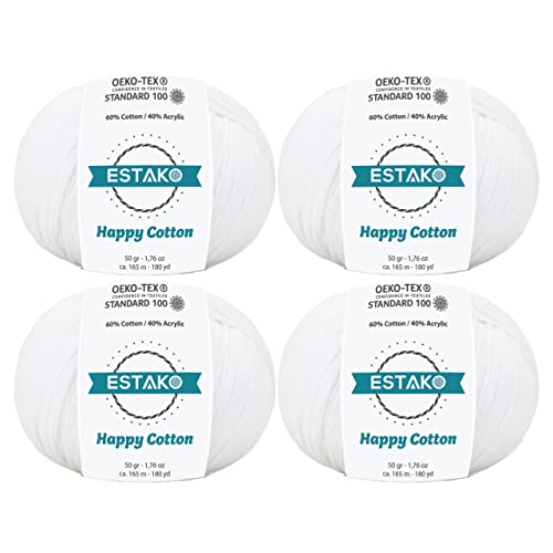 Estako Happy Cotton 60% Cotton 40% Acrylic Yarn, Sport 2, White, 4-Pack | soft, fine, 200 g, 720 yds, baby clothes, amigurumi, 2-3 mm hook, summer tops, hats, blankets - color: 4110 - White, size: 4 Skeins
