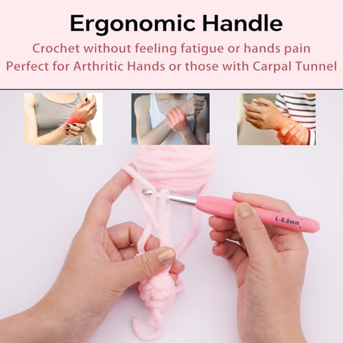 8mm Crochet Hook, Ergonomic Crochet Hook, Smooth and Extra Long Knitting Needles, with Soft Rubber Ergonomic Handle and Aluminum Tip, Perfect Beginner and Arthritic Crochet Hooks (8 mm) - size: 8mm
