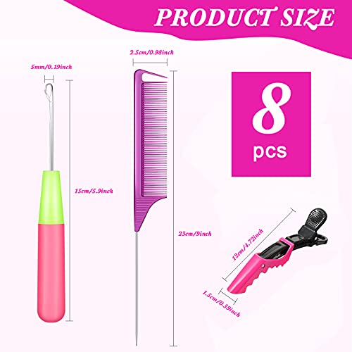 8 Pcs Hair Crochet Hooks Set with Accessories Include 2 Plastic Crochet Needle Hooks 4 Alligator Hair Clip and 2 Rat Tail Comb Tool Kits for Braiding, Extension