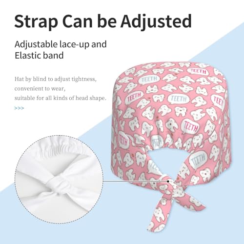 MOLIAN Dental Tooth Adjustable Working Cap Surgical Headgear for Women Men | Adjustable Tie Back Scrub Caps with Button Built-in Sweatband Working Cap for Nurses Doctors and Workers - color: Pink Tooths