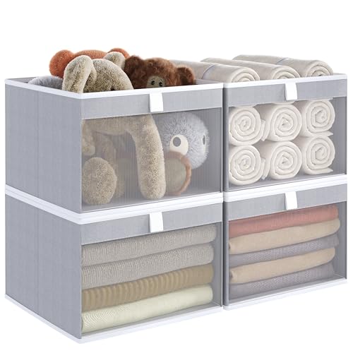 Linen Closet Organizers and Storage, Closet Storage Bins Basket Organizer, Foldable Organization Baskets with Mesh Window for Clothes Towels and Toys, 12.75" x 12.75" x 9", Gray, 4 pack - color: Gray-4Pack, size: 12 ¾" L x 12 ¾" W x 9" H