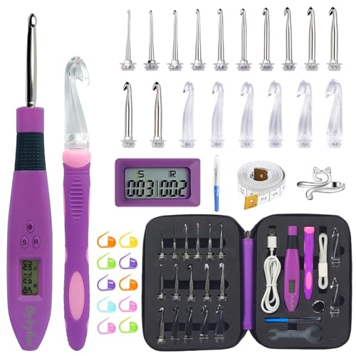 Light Up Crochet Hooks Set-18 Sizes Digital Crochet Hook with Counter 2.0~14.0mm, Ergonomic Lighted Crochet Hooks for Stitch & Row Counting - color: Purple - Double 18 Size