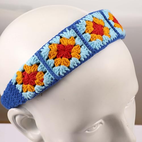 Crochet Headband for Women, Handmade Sunflower & Checkered Hair Accessories, Stretchable Boho Hair Band (Red-Royal Blue, Checkered) - color: Red-Royal Blue