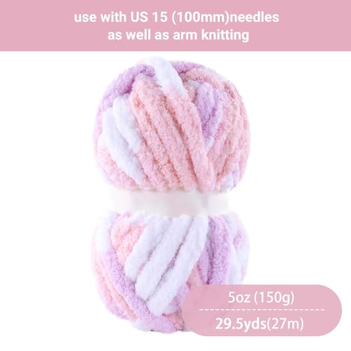 HOMBYS Pink,Purple,White Chunky Chenille Yarn for Hand Knitting,Fluffy Soft Jumbo Yarn Crocheting,Super Bulky Big Yarn for Chunky Blanket,Large Thick Arm Knitting Yarn,8 Pack Plush Yarn - color: Pink,Purple,White