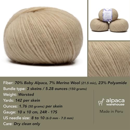 Baby Alpaca Merino Yarn 3 Skeins 150g Worsted Weight Knitting Almond Latte | Pullu baby alpaca merino blend made in Peru 3 skeins 150g 426yd total for knitting and crochet sweaters scarves and hats - color: Almond Latte