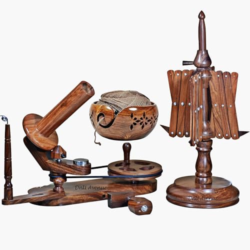 DnU Avenue Wooden Yarn Ball Winder Set with Yarn Swift and Bowl – Handcrafted Wood Wool Winder for Knitting Crochet – Premium Manual Yarn Winder for Home Use – Brown - color: Winder, Swift & Bowl