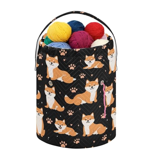 Fustylead Cute Cartoon Shiba Inu and Paw Prints Large Crochet Organizer, Durable Polyester Drawstring Basket Yarn Storage Bag for Crochet Hooks, Knitting Needles, Project and Sewing Supplies - color: Black01 Shiba Inu