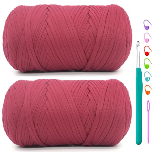 2 Pack Tshirt Yarn for Crochet,Burgundy T Shirt Soft Elastic Fabric Chunky Thick T-Shirt Crochet Yarn for Crocheting Knitting Beginner Hand Knitting Bag/DIY Craft/Home Decor 2 * 400G-Burgundy - color: Burgundy, size: 2 PACK
