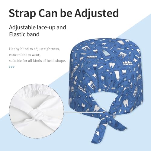 MOLIAN Dental Tooth Adjustable Working Cap Surgical Headgear for Women Men | Adjustable Tie Back Scrub Caps with Button Built-in Sweatband Working Cap for Nurses Doctors and Workers - color: Dental Orthodontics