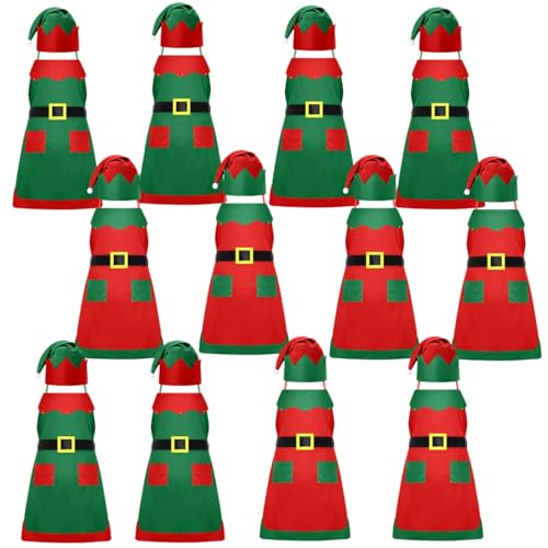 Handepo 12 Sets Christmas Apron and Hat Christmas Elf Costume Kit for Adults Women Cosplay Kitchen Xmas Holiday - color: Green Red, style: Classic