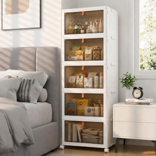 LDQ 170 Qt Large Storage Bins with Lids, 5 Tier Stackable Storage Cabinet with Wheels & Clear Doors, Foldable Plastic Closet Organizer for Bedroom, Bathroom & Kitchen - size: 5-layers