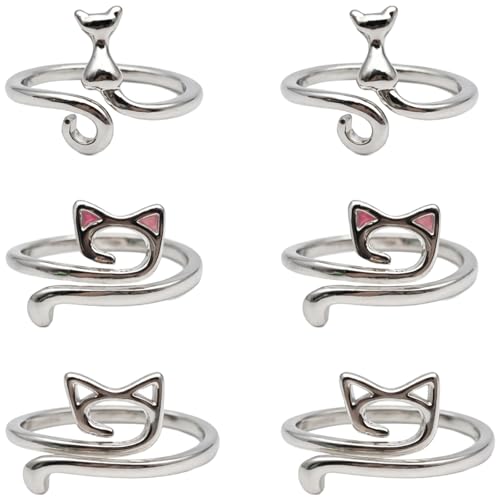6PCS Silver Adjustable Crochet Tension Rings Set, Cat Yarn Guide Finger Rings with Storage Box for Knitting & Crochet ﻿