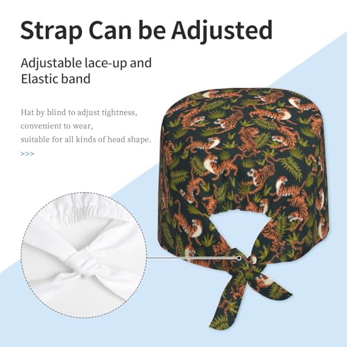 MOLIAN Dental Tooth Adjustable Working Cap Surgical Headgear for Women Men | Adjustable Tie Back Scrub Caps with Button Built-in Sweatband Working Cap for Nurses Doctors and Workers - color: Bengal Tigers and Leaves