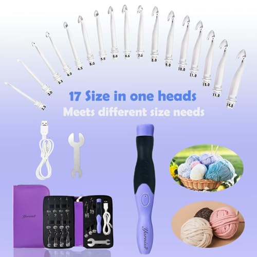 Yarniss 17 Size Lighted Crochet Hooks 2.5mm~14mm,Rechargeable Crochet Hooks | Glow In Dark Better for Night Crocheting,Light Up Crochet Hook with USB Cable - color: Purple-17 Size with Light