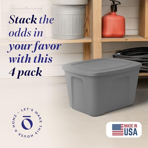 HOMZ 4-Pack Durable Molded Bin, Plastic Storage Containers w/Lids, 10 Gallon, Silver - Stackable Organizer Totes and Boxes for Bedroom, Kitchen, and Garage Organization - color: Titanium Silver, size: 10 Gallon (4 Pack)