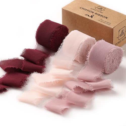 DORIS HOME Handmade Fringe Chiffon Ribbon 1" x 21Yd Burgundy & Pink | Fabric Ribbon, For Flower Bouquet/Gift Wrapping/Wedding Invitations/Christmas Decorations/Party Decor - color: Burgundy and Pink