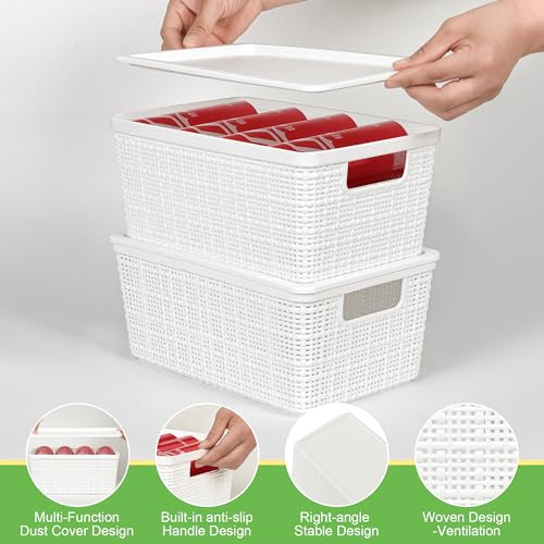 6 Pack Plastic Storage Baskets with Lid,White Stackable Bins | Durable Woven Plastic With handle Breathable,Save space,For Organizing Desktops, Closets, Playrooms, Classrooms, Offices - color: White