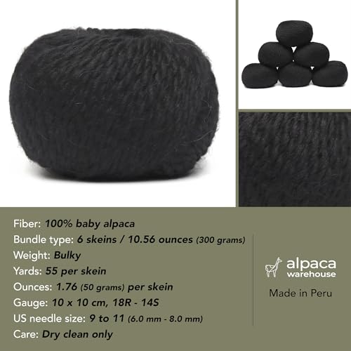100% Baby Alpaca Yarn 6 Skeins 300g Bulky Weight Knitting Crochet Black | Made in Peru with natural warmth and softness featuring 324yd of premium fiber ideal for scarves shawls sweaters and more - color: Black, size: Bulky - 6 Skeins