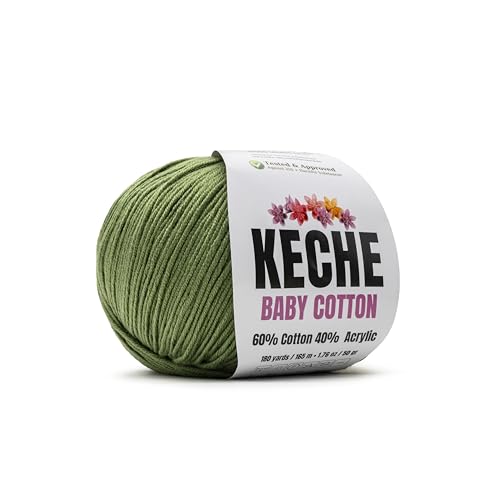 Keche Baby Cotton, 60% Cotton 40% Acrylic Yarn, Soft Cotton Yarn for Crochet and Knitting, Amigurumi Yarn 1 Skein/Ball 1.76 Oz (50g) / 180 Yrds (165m) - Olive Green - color: OLIVE GREEN, size: 1 SKEIN