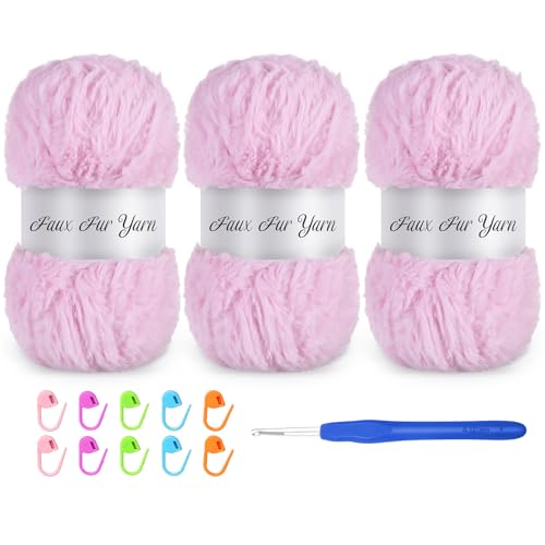 3 Skeins Faux Fur Yarn Soft Fluffy for Crocheting,Chunky Fuzzy Eyelash Yarn for Crochet Hats, Scarves, Bags, Cushions(Pink) - color: Pink