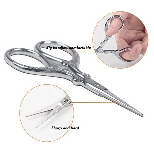 Vintage Embroidery Scissors 3.6 inch Sharp Mini Crochet Cross Stitch Travel | Craft Scissors Shears for Crafting Fabric Scissor for Art Work Threading Needlework DIY Tools with Leather Scissor Cover - color: Silver