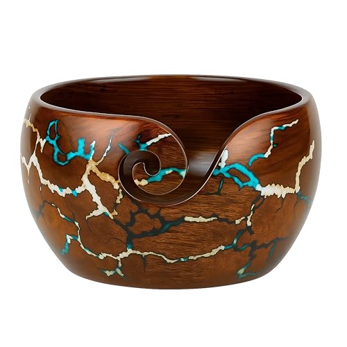 Wooden Yarn Bowl Knitting & Crochet Yarn Holder | Handcrafted Crochet Bowl with Fractal Wood Burning & Blue Resin Inlay (Blue Large 7x7x4) (Multi) - color: Multi