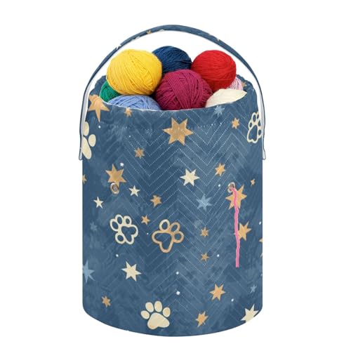 Fustylead Beautiful Shooting Stars and Paw Prints Yarn Knitting Crochet Drawstring Bag with Customized Front Compartment, Portable Large Storage Basket for Crocheting Project, Kit, Yarn Ball, Needles - color: Blue03 Stars and Paw Prints