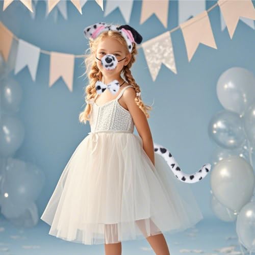 Jmkcoz 4 Pcs Dalmatian Dog Costume Set Puppy Dog Ears Headband and Tail Nose Bow Tie for 100 Days of School Halloween Cosplay - color: White & Black