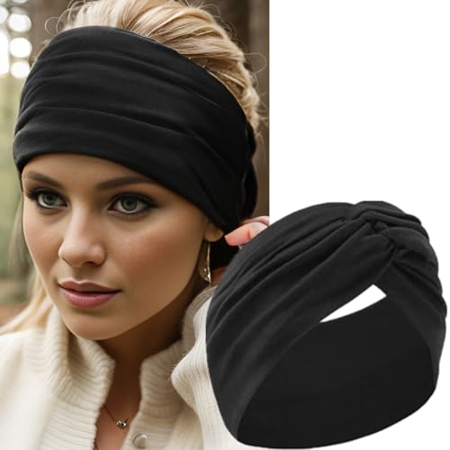HAUHC Extra Wide Headbands for Women, 7'' Large Cotton Like Turban Knotted Bandana Head Bands for Women Non Slip, Boho Headbands for Women's Hair (All Black-6Pcs, Extra Large 7" Wide) - color: All Black-6Pcs