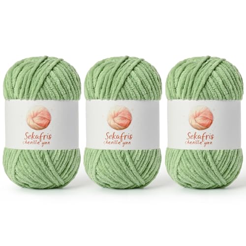 Chenille Yarn for Crocheting, Size 5 Bulky,3 Avocado Green | 300g/393yds Soft Chunky Velvet Yarn for Crochet and Knitting,Fluffy Baby Yarn for Amigurumi,Blankets and DIY Crafts. - color: 3 Avocado Green