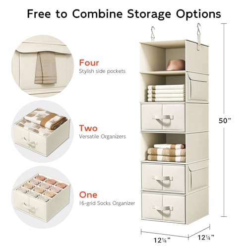 Vailando 6-Shelf Hanging Closet Organizer with 3 Fabric Drawers, Beige | Removable Fabric Drawers, Side Pockets, Reinforced Structure, Space-Saving Storage for Clothes, Nursery and Dorm Rooms - color: Beige, size: 6-Shelf Inseparable