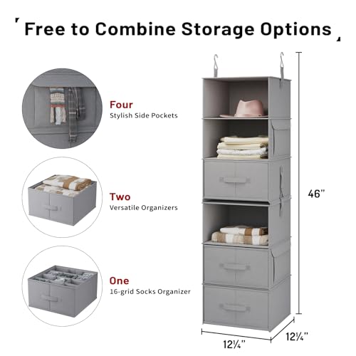 6-Shelf Hanging Closet Organizer with 3 Drawers, Separable, Medium Gray | Converts into Two 3-Shelf Organizers, Foldable Drawers, Side Pockets, Ideal for Wardrobe, Nursery, Dorm & Closet Storage - color: Medium Gray, size: 6-Shelf Separable