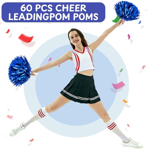 16/60/100PCS Pom Poms Cheerleading Metallic Foil Cheer Pom Poms with Plastic Handles, Cheerleader Pom Poms for Cheering Squad Team Spirited Sports Game Dance Party - color: gold and blue