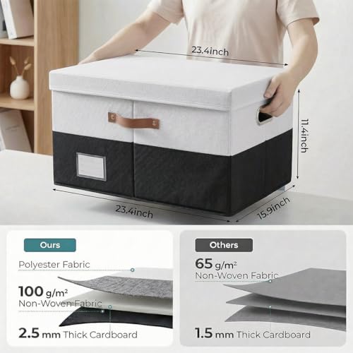 PRANDOM Storage Bins with Lids [3-Pack] Linen Fabric Foldable Storage Boxes Organizer Containers Baskets Cube with Cover for Bedroom Closet Office Grey&Black (23.4X15.9X11.4) - color: Black & White, size: XL(3-Pack)