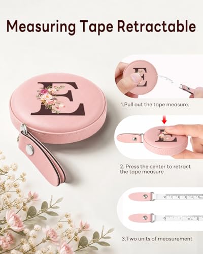 Maicican Retractable Tape Measure, Pink Leather Sewing Measuring Tape, E | with Initial A-Z, 60"/1.5m Soft Sewing Measuring Tape for Body Measurements, Portable Small Fabric Ruler - color: Tape Measure-Pink E