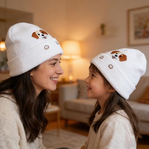 Personality Animal Head Embroidery Knit Beanie Hat for Adult and Big Kids Winter Warm Skull Cuffed Hats - color: Dog-white