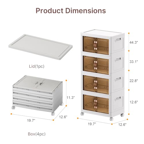 UAMFURI Stackable Storage Bins with Lids, 192QT Lockable Storage Cabinet | Folding Storage Box with Doors and Wheels, Collapsible Plastic Drawers for Home, Garage, Office - color: White, size: Medium