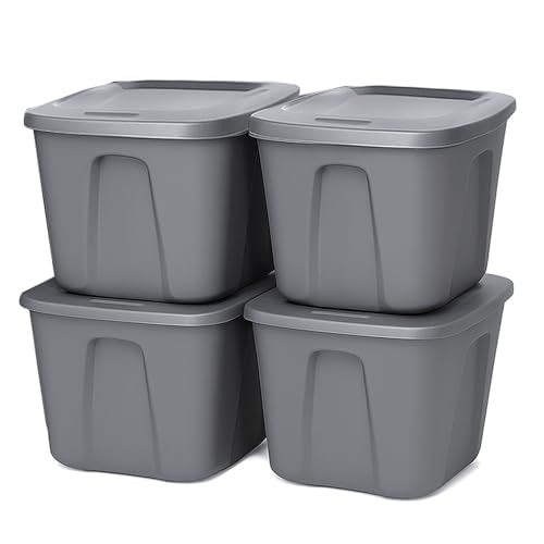 HOMZ 4-Pack Durable Molded Bin, Plastic Storage Containers w/Lids, 10 Gallon, Silver - Stackable Organizer Totes and Boxes for Bedroom, Kitchen, and Garage Organization - color: Titanium Silver, size: 10 Gallon (4 Pack)