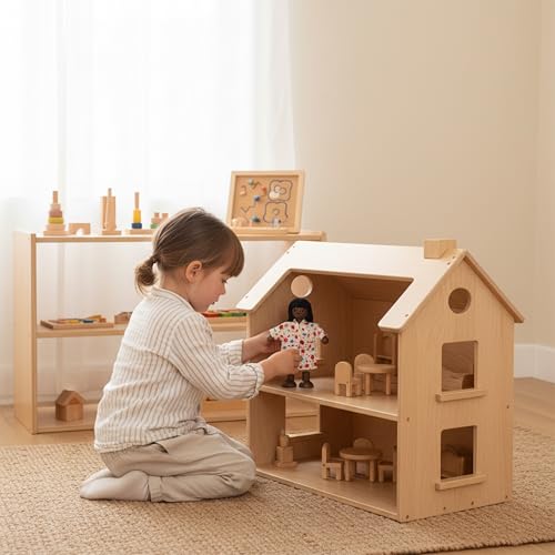 PlanToys® Mother Poseable Wooden Dollhouse Figurine 1:12 Scale 5-Inch Doll | mom character, doll house people accessories, bendable arms, kids pretend play, girls montessori learning gift 3+ for boys - color: African American Mom