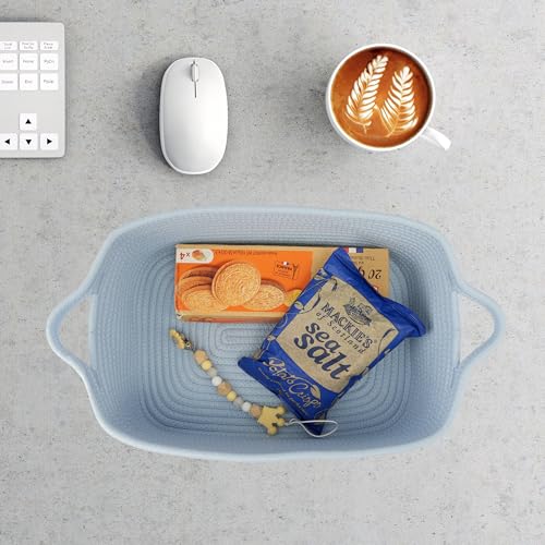 XUANGUO Medium Woven Cotton Rope Storage Basket with Handles, Blue | Small decorative rectangle storage bin for baby nursery items and cat toys; ideal as an empty gift basket or dog toy basket - color: blue