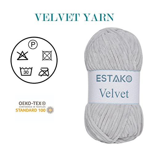 Estako Velvet Yarn for Crocheting, Super Bulky Chenille Yarn, Light Grey | ultra soft, plush, cozy, thick, fluffy, polyester, 100 g, 132 yds, amigurumi, 4.5 mm hook - color: 1120 - Light Grey, size: Pack of One