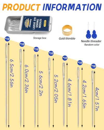 70 Pcs Hand Sewing Needles, 7 Size Large Eye Sewing Sharp Needles | Leather Embroidery Thread Needle, Stainless Steel Yarn Knitting Needle with Threader, Thimble for Repair, Quilting - size: 7 Size-70pcs