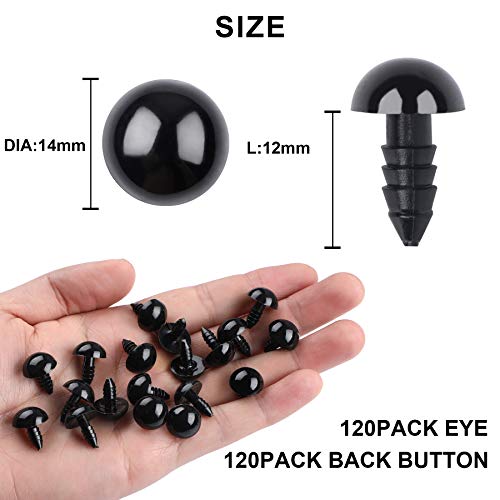 UPINS 120Pcs 14mm Plastic Safety Crochet Eyes with 120Pcs Washers for Craft | Black Plastic Eyes Bulk for Stuffed Animals, Crochet Toy Crafters, Doll Making Supplies - size: 14mm