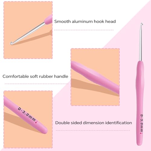 3mm Crochet Hook, Ergonomic Crochet Hook, Smooth and Extra Long Knitting Needles, with Soft Rubber Ergonomic Handle and Aluminum Tip, Perfect Beginner and Arthritic Crochet Hooks (3 mm) - size: 3mm