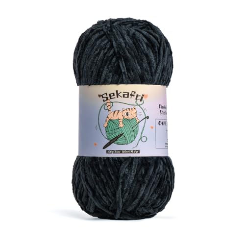 Fuzzy Chenille Yarn for Crocheting, Fluffy Amigurumi Crochet Yarn for DIY Craft/Hat/Shoes, (100g/197yds) Soft Velvet Baby Blanket Yarns（Black） - color: Black