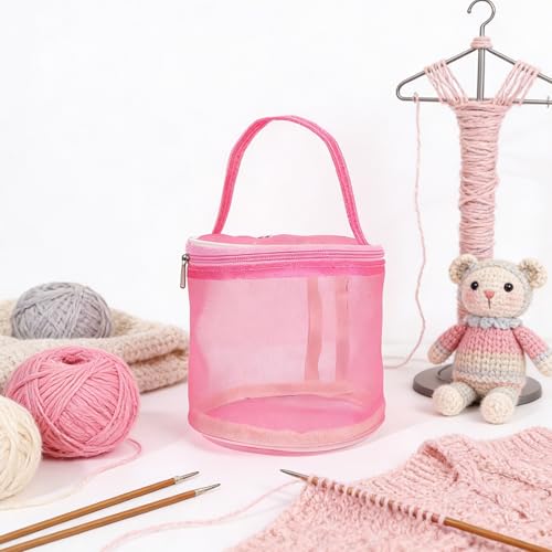 Mesh Crochet Bag Organizer, Large Capacity Yarn Storage Holder for Knitting and Crocheting, Pink - color: pink