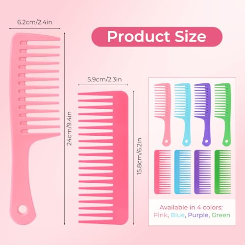 8 Pack Wide Tooth Comb Set, Detangling Comb for Curly Thick Wet Dry Hair | Anti-Static Shampoo Comb, 4 Colors for All Hair Types (2 Styles, with Handle & No Handle)