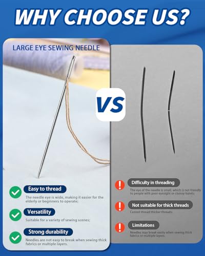 50 Pcs Large Eye Sewing Needles, 7 Size Embroidery Needles for Handsewing | Leather Sewing Thread Sharp Needle, Stainless Steel Yarn Knitting Needle with Threader, Thimble for Repair, Quilting - size: 7 Size-50pcs