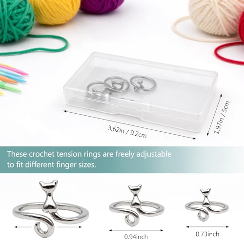 6PCS Silver Adjustable Crochet Tension Rings Set, Cat Yarn Guide Finger Rings with Storage Box for Knitting & Crochet ﻿