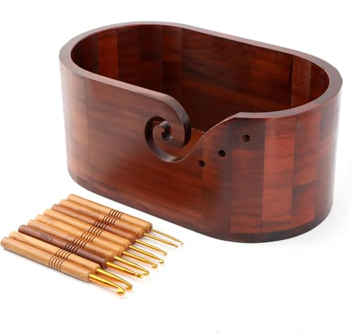 Oval Wooden Yarn Bowl,Knitting Yarn Bowl Holder with 9pcs Crochet Hooks,Large Yarn Storage Bowl for DIY Knitting & Crocheting Accessories Kit,Preventing tangles (11.3x4.7 inch)